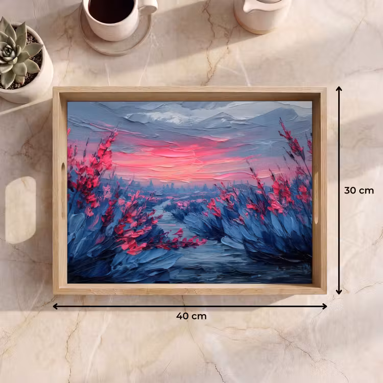 Dienblad - Schilderij - Zonsondergang - Bloemen - Rivier — 9