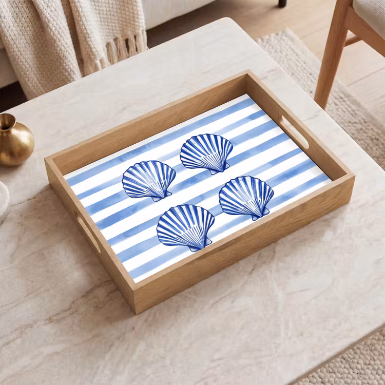 Dienblad - Vier schelpen - Blauw - Wit - Strepen — 2