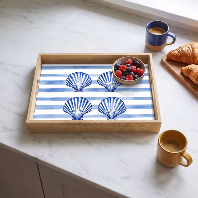 Dienblad - Vier schelpen - Blauw - Wit - Strepen — 4