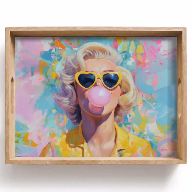 Dienblad - Vrouw - Blond - Roze kauwgom - Kleurrijk - Pastel — 1