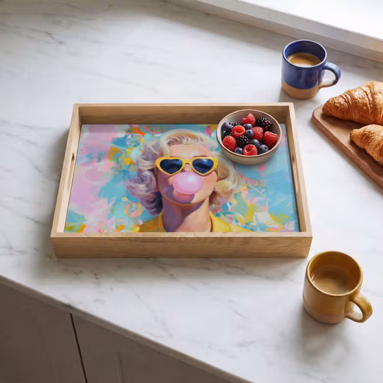 Dienblad - Vrouw - Blond - Roze kauwgom - Kleurrijk - Pastel — 4
