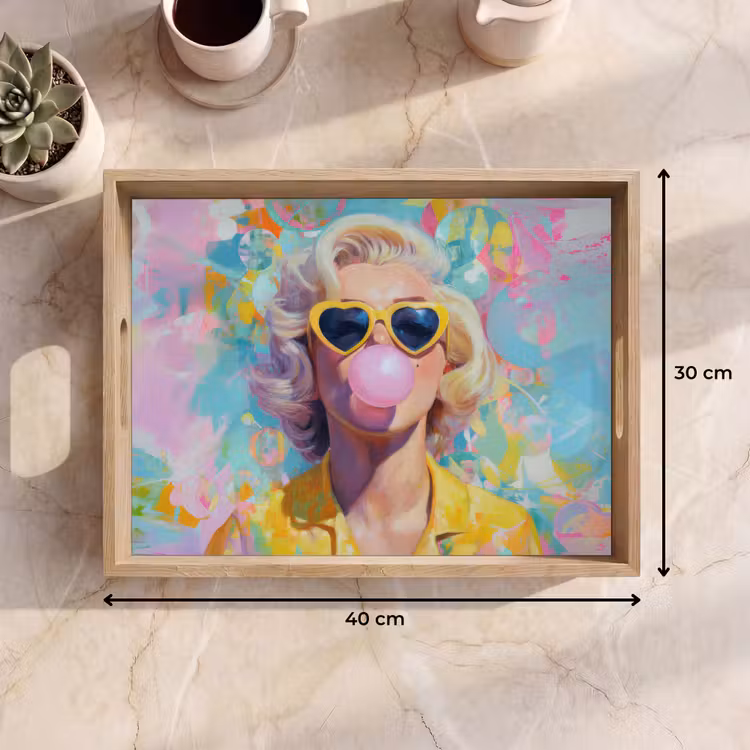 Dienblad - Vrouw - Blond - Roze kauwgom - Kleurrijk - Pastel — 9