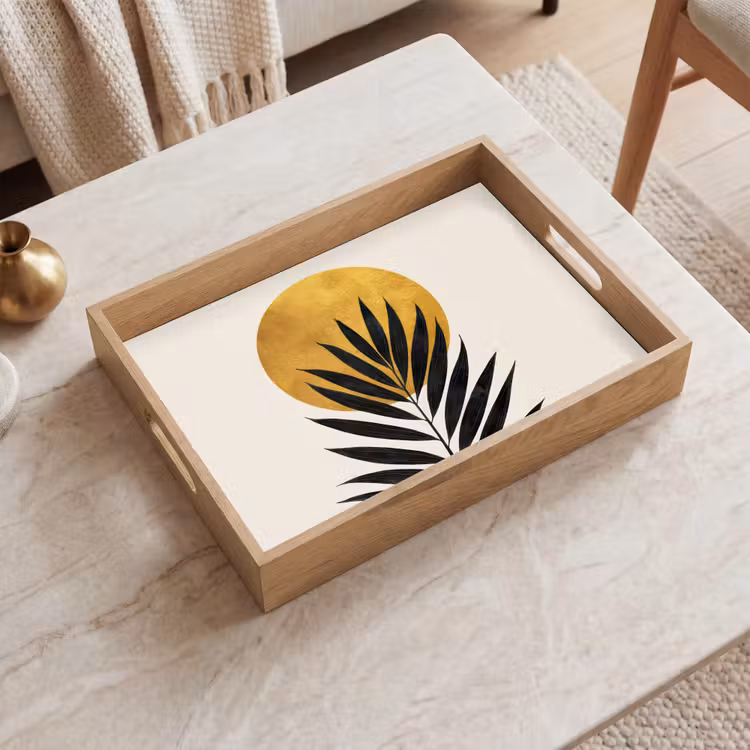 Dienblad - Zwart palmblad - Gouden cirkel - Beige achtergrond — 2