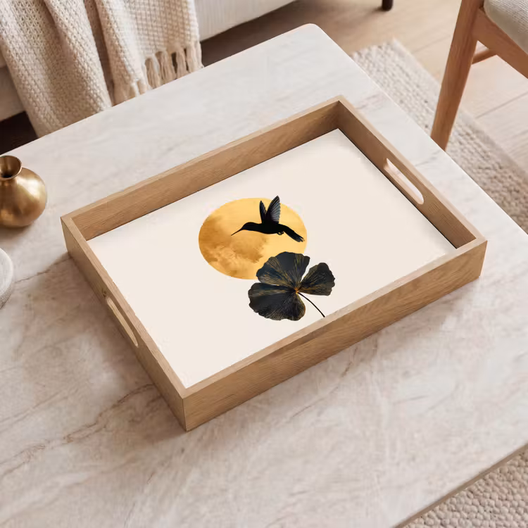 Dienblad - Zwarte kolibrie - Bloem - Gouden cirkel — 2