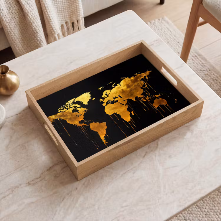 Dienblad - Wereldkaart - Goud - Druipen - Zwart — 2