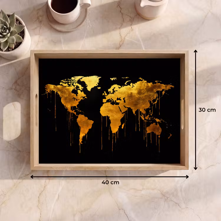 Dienblad - Wereldkaart - Goud - Druipen - Zwart — 9
