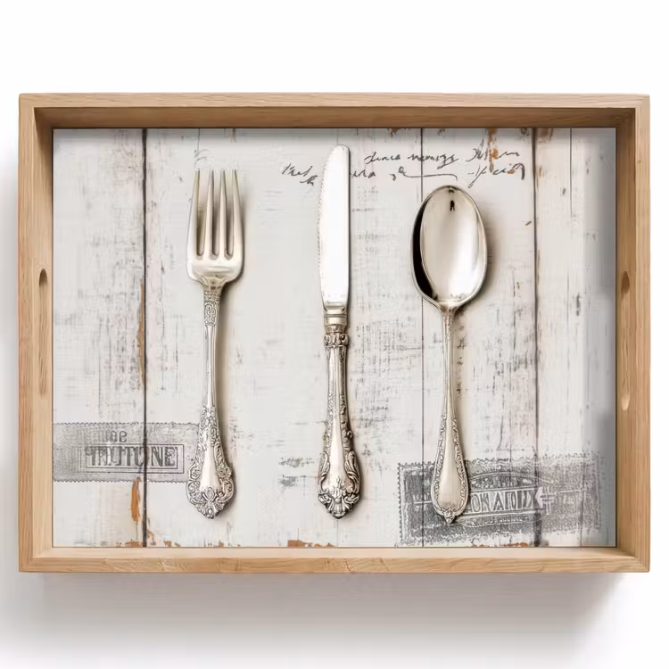 Dienblad - Zilver - Bestek - Hout — 1
