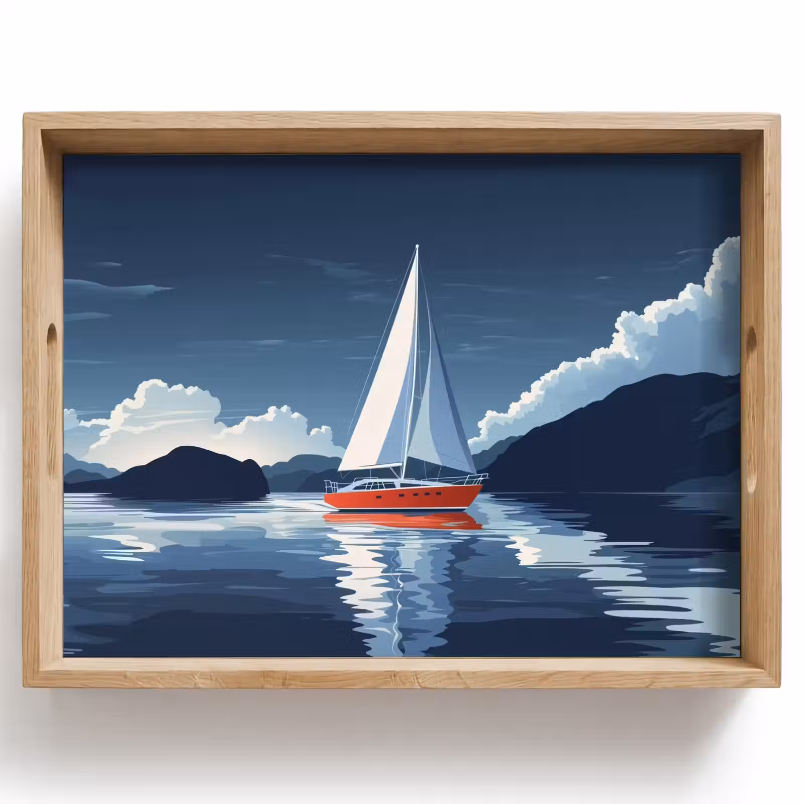 Dienblad - Zeilboot - Donkere bergen - Stilte — 1