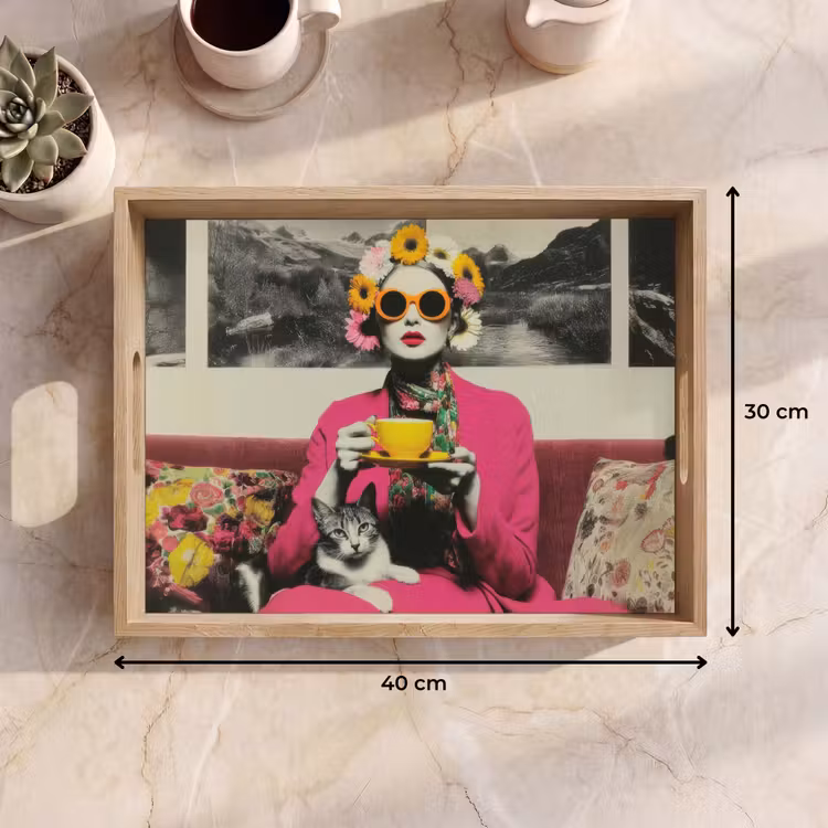 Dienblad - Vrouw - Kat - Bloemen - Kopje - Retro — 9