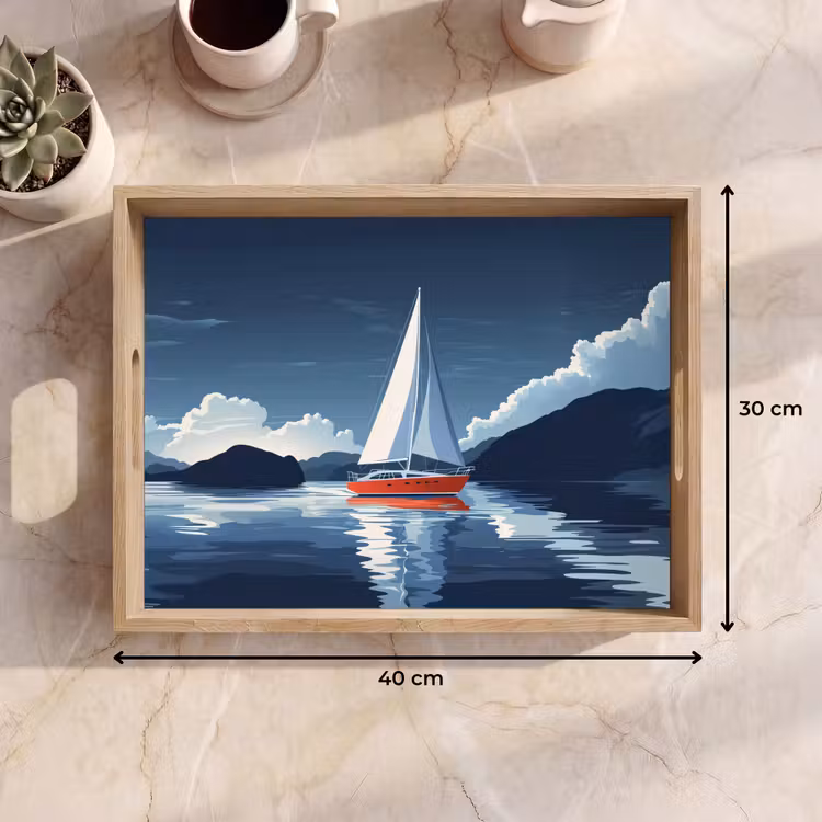 Dienblad - Zeilboot - Donkere bergen - Stilte — 9