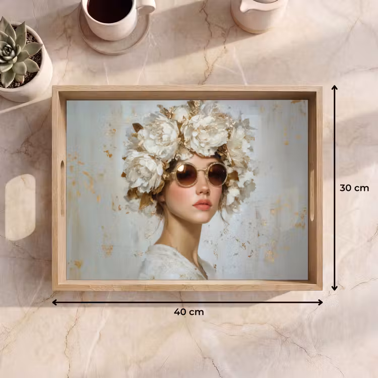 Dienblad - Schilderij - Vrouw - Zonnebril - Bloemenkrans — 9