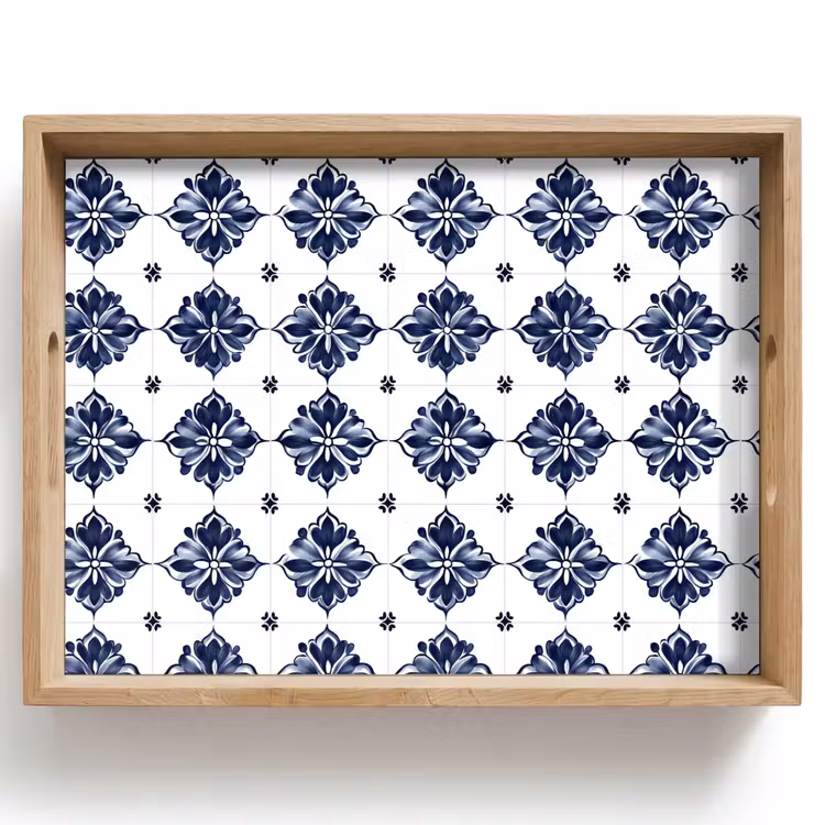 Dienblad - Tegelmotief - Blauw - Wit - Bloem — 1