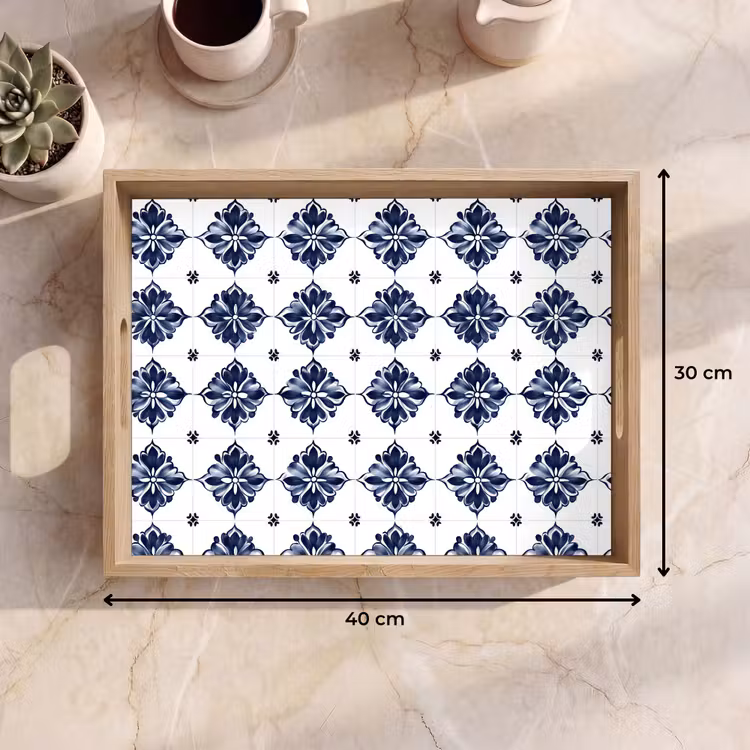 Dienblad - Tegelmotief - Blauw - Wit - Bloem — 9