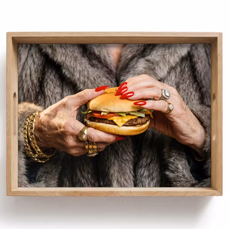 Dienblad - Vrouw - Hamburger - Bontjas — 1