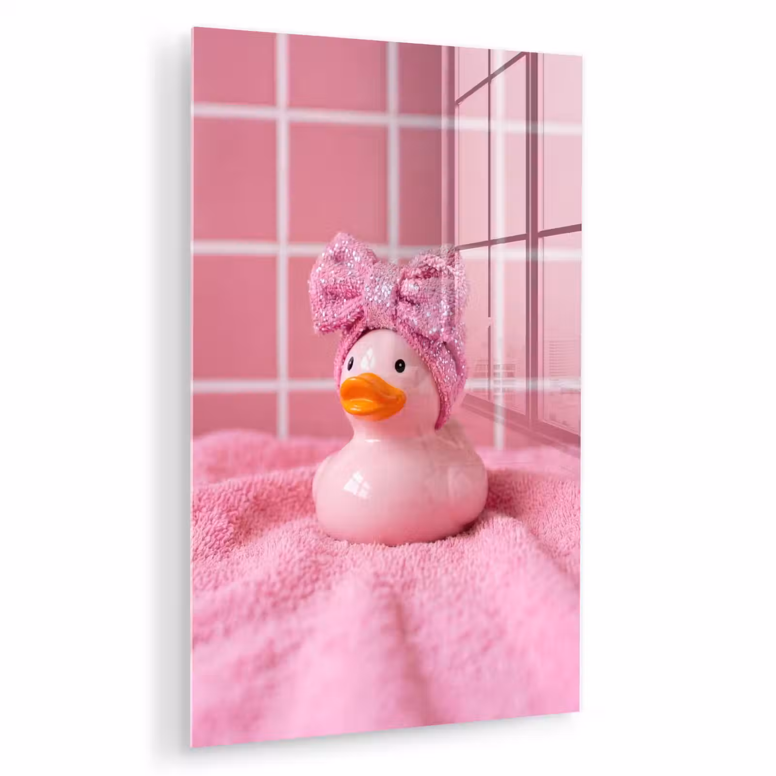 Glas schilderij - Badeend -Strik - Roze — 1
