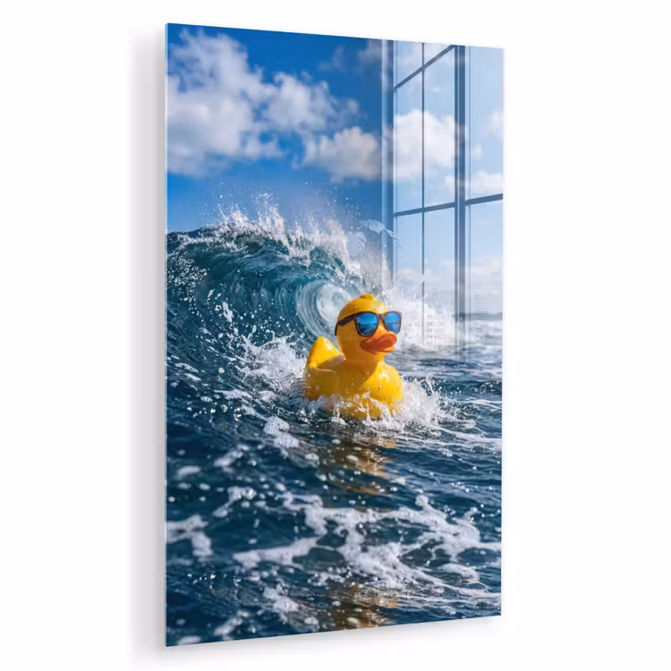Glas schilderij - Badeend - Stoer - Golven — 1