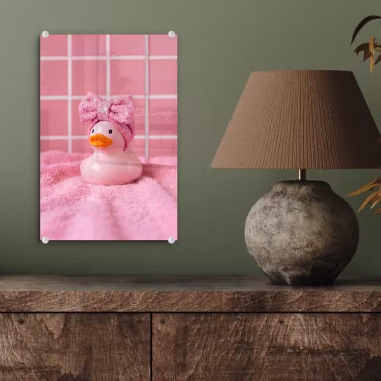Glas schilderij - Badeend -Strik - Roze — 4
