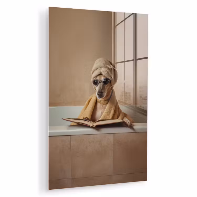 Glas schilderij - Bad - Hond - Boek - Zonnebril — 1