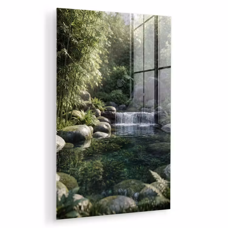 Glas schilderij - Beek - Waterval - Natuur - Groen — 1
