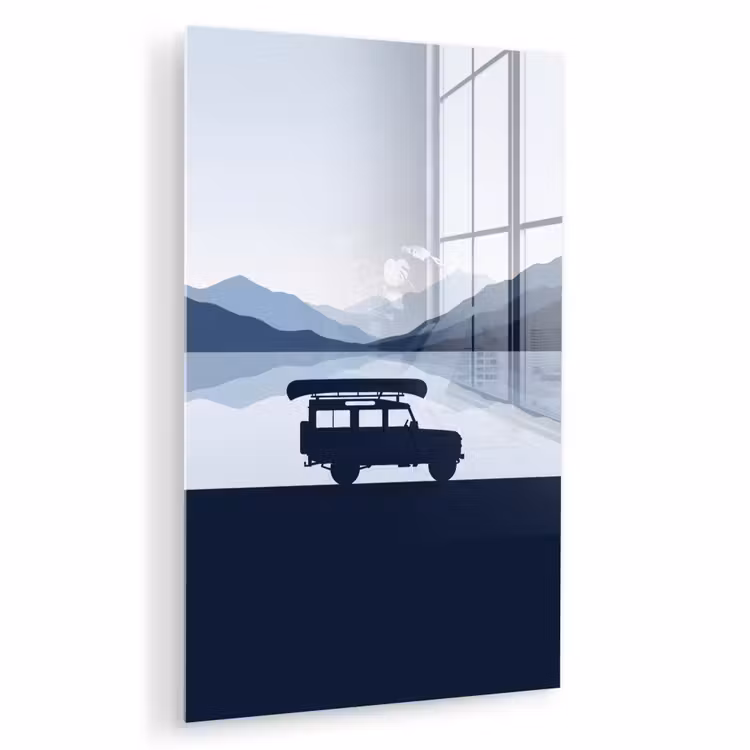 Glas schilderij - Auto - Meer - Bergen - Blauw — 1