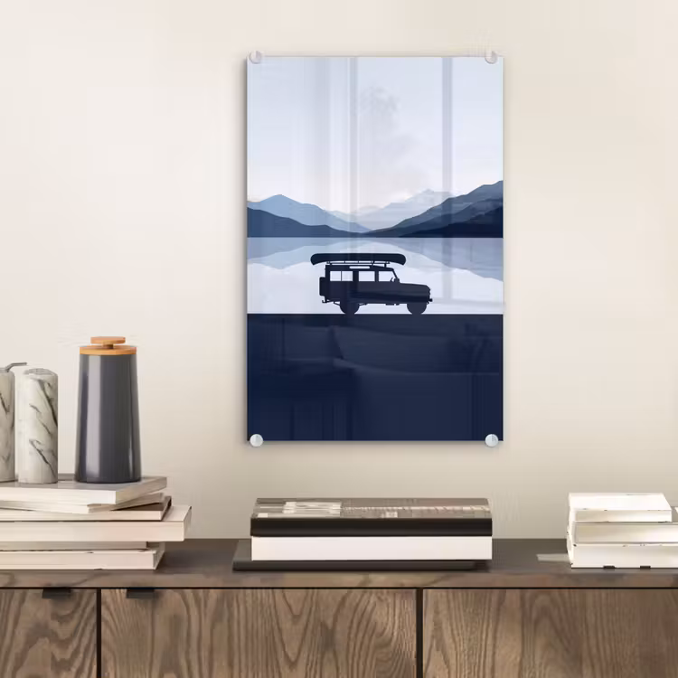 Glas schilderij - Auto - Meer - Bergen - Blauw — 2