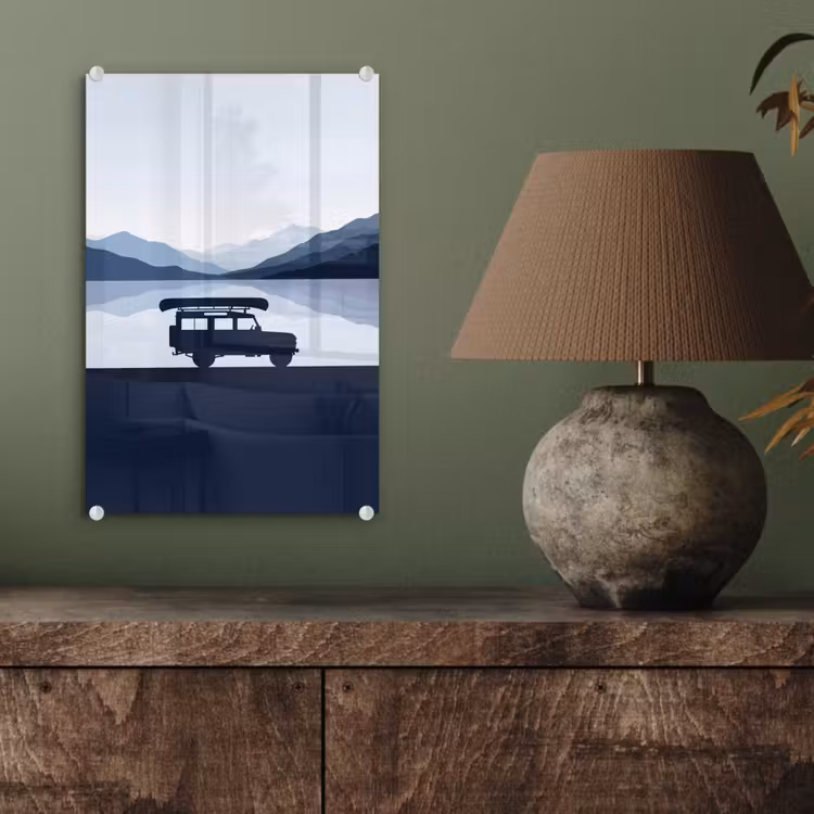 Glas schilderij - Auto - Meer - Bergen - Blauw — 4
