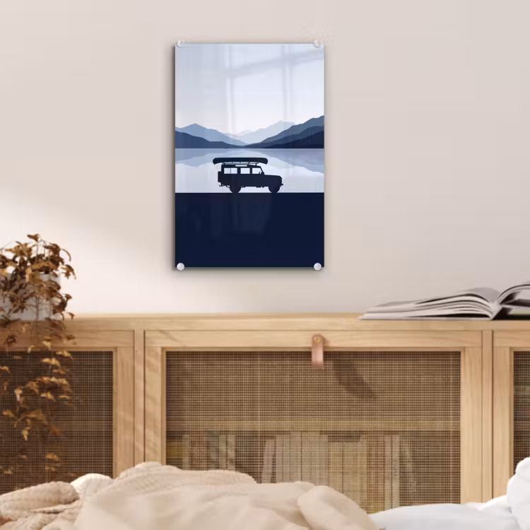 Glas schilderij - Auto - Meer - Bergen - Blauw — 5