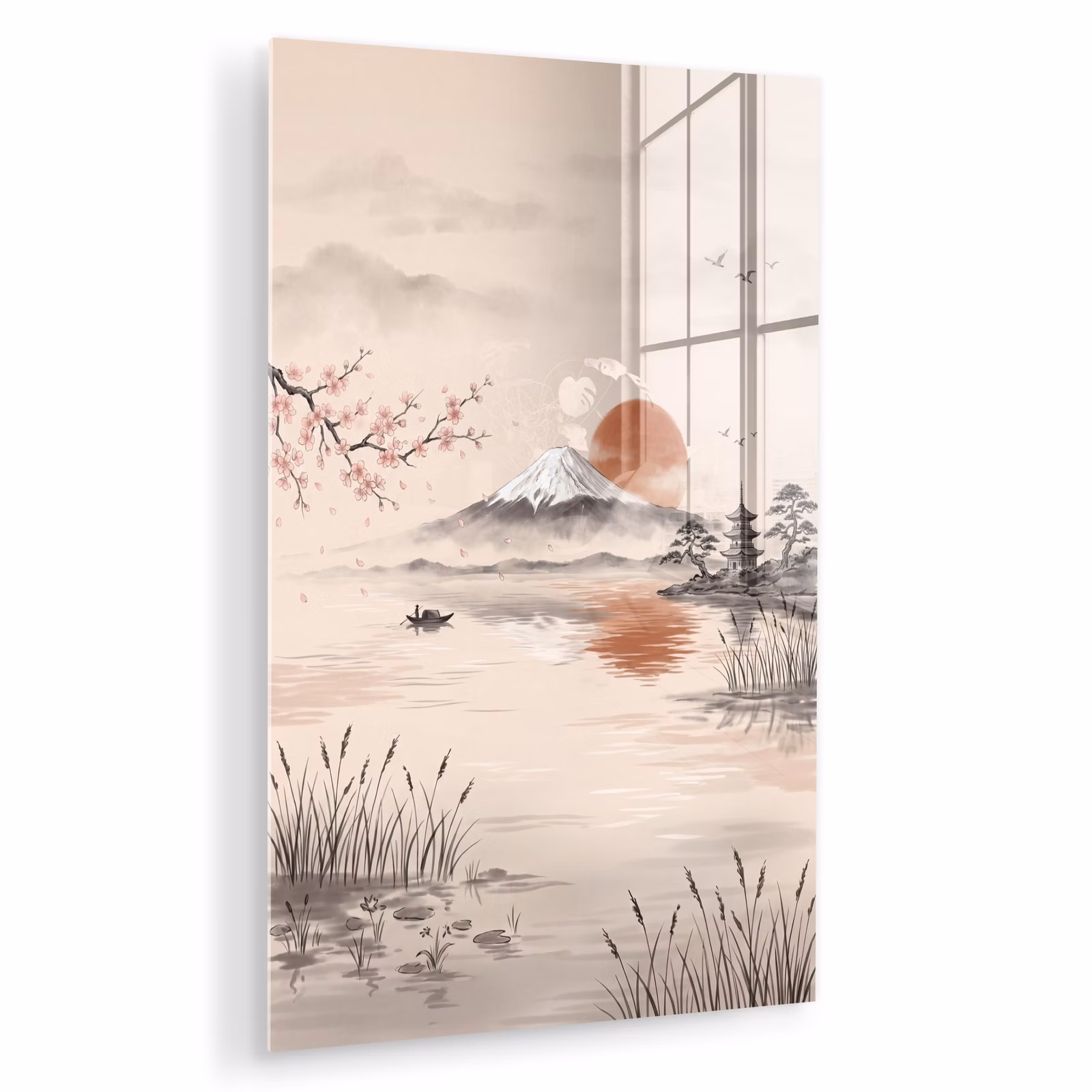 Glas schilderij - Bergtop - Meer - Bloesem — 1