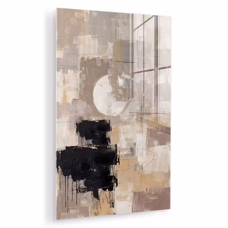 Glas schilderij - Abstract - Cirkel - Modern - Beige - Zwart - Minimalistisch — 1