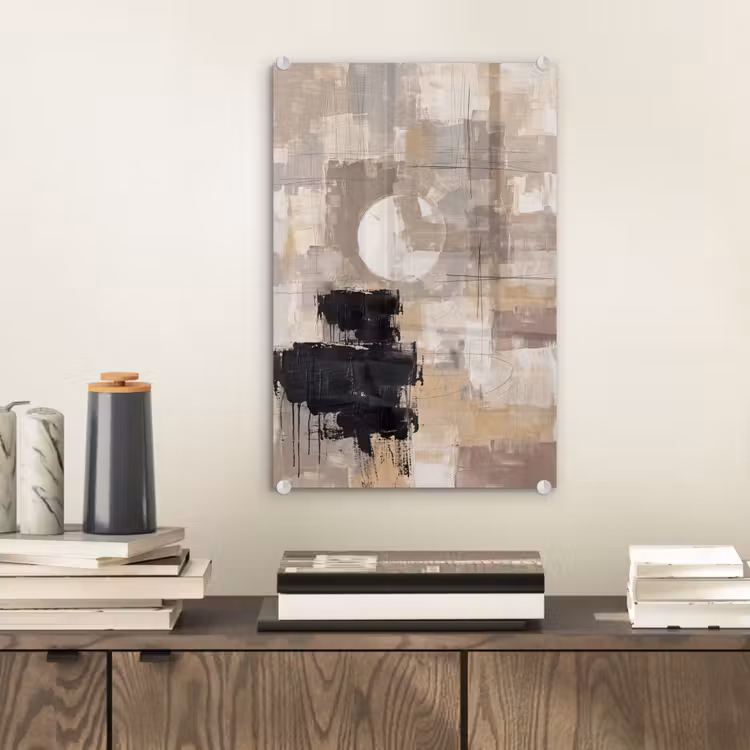 Glas schilderij - Abstract - Cirkel - Modern - Beige - Zwart - Minimalistisch — 2