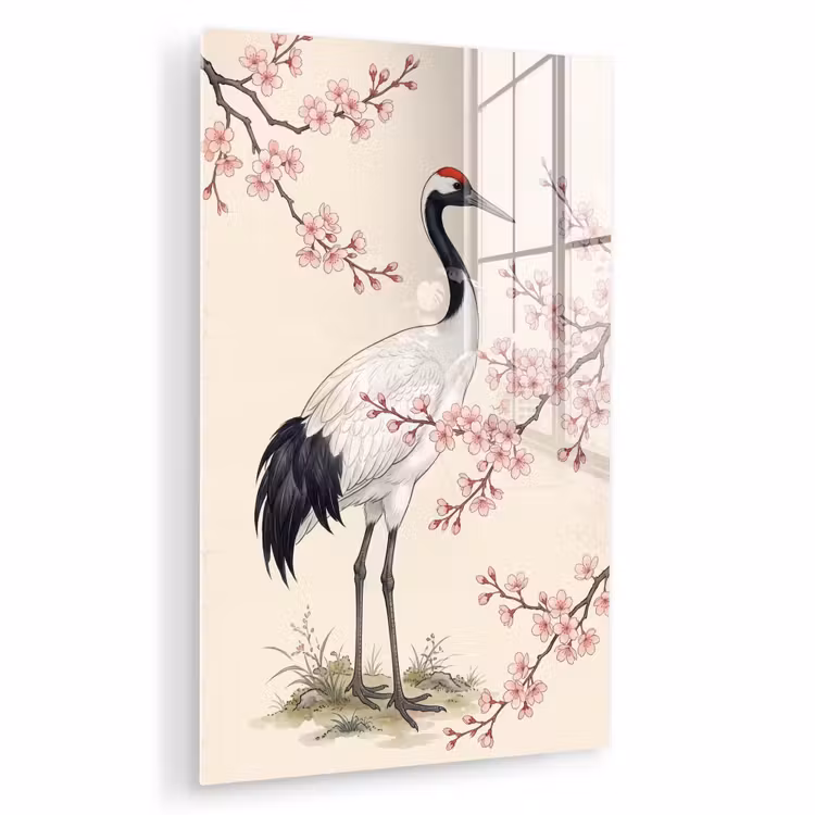 Glas schilderij - Aziatisch - Kraanvogel - Beige — 1