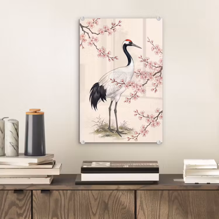 Glas schilderij - Aziatisch - Kraanvogel - Beige — 2