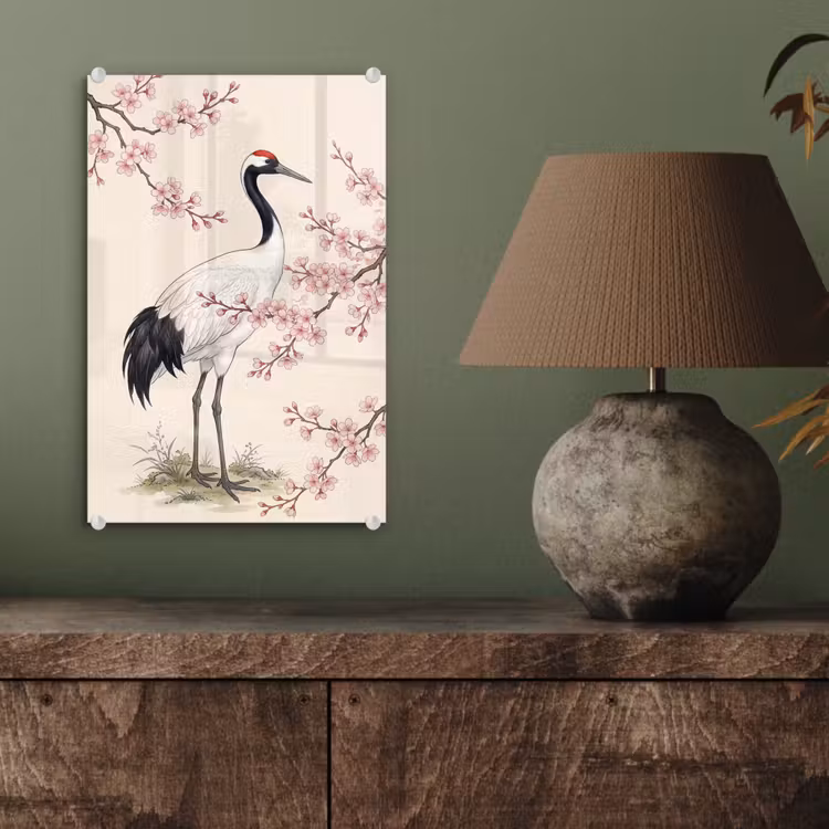 Glas schilderij - Aziatisch - Kraanvogel - Beige — 4