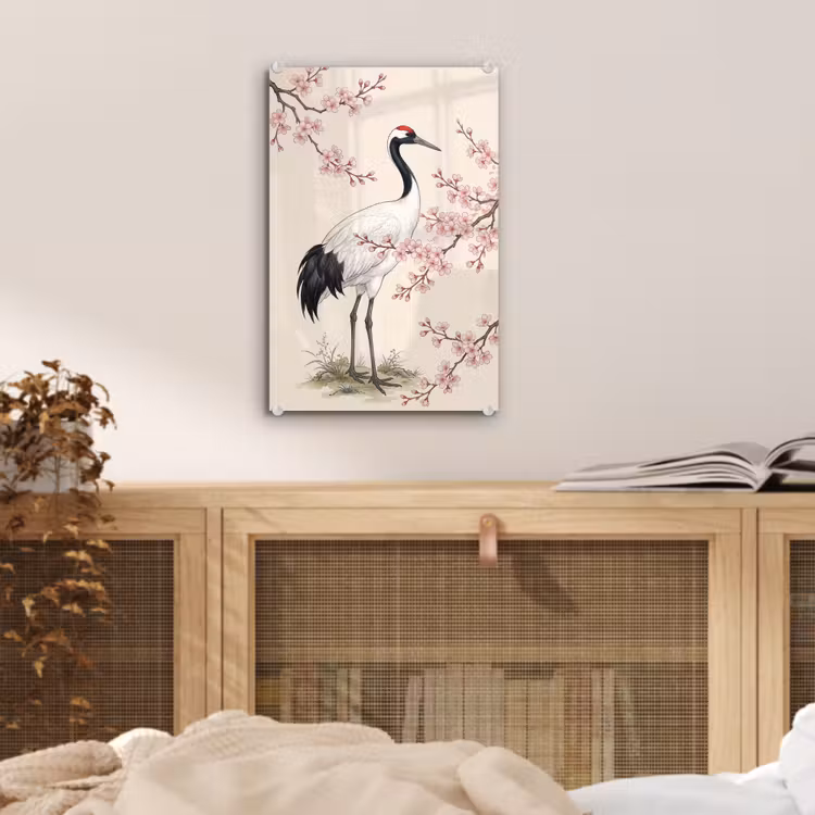Glas schilderij - Aziatisch - Kraanvogel - Beige — 5