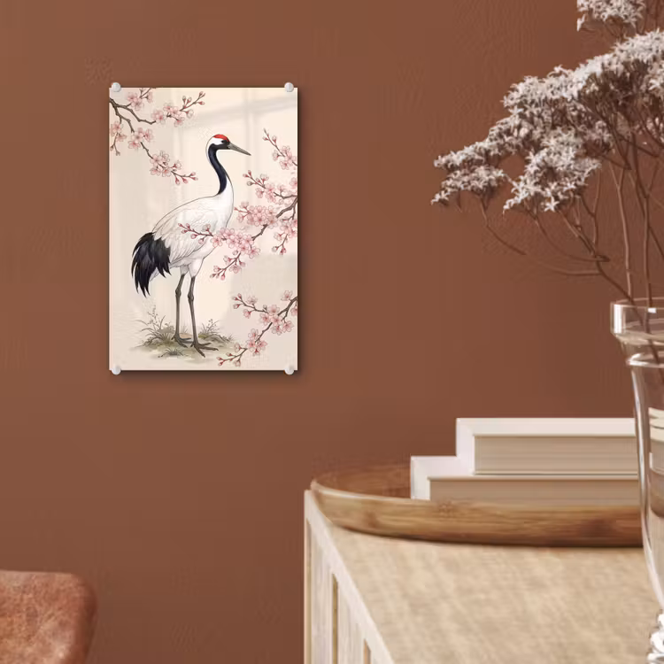 Glas schilderij - Aziatisch - Kraanvogel - Beige — 6