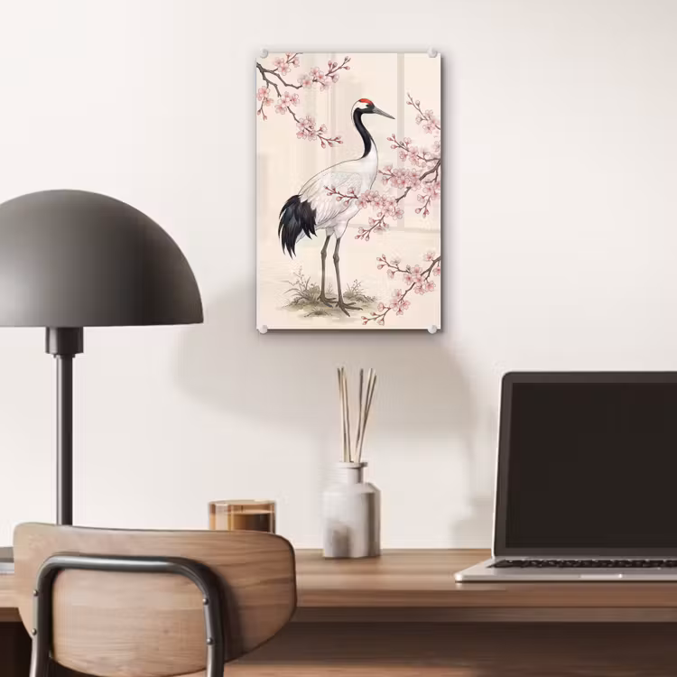 Glas schilderij - Aziatisch - Kraanvogel - Beige — 7