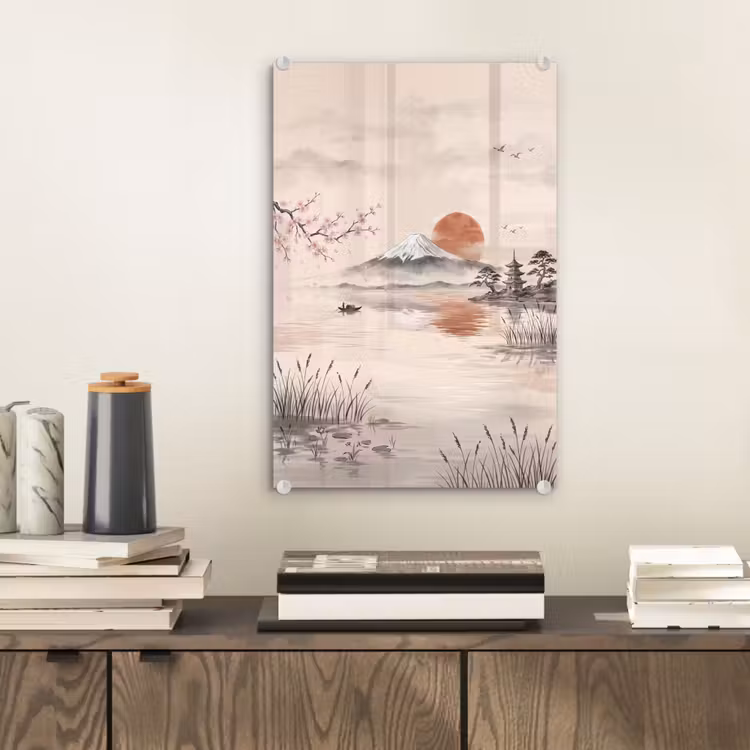 Glas schilderij - Bergtop - Meer - Bloesem — 2