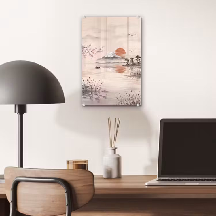 Glas schilderij - Bergtop - Meer - Bloesem — 7