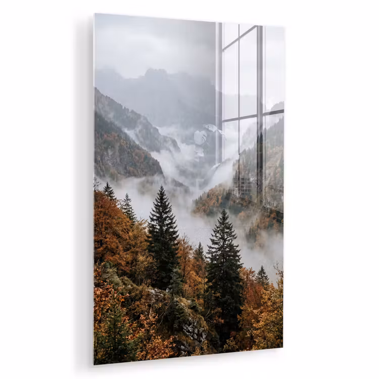 Glas schilderij - Bergen - Vallei - Mist - Herfst - Natuur — 1