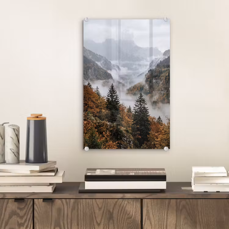 Glas schilderij - Bergen - Vallei - Mist - Herfst - Natuur — 2