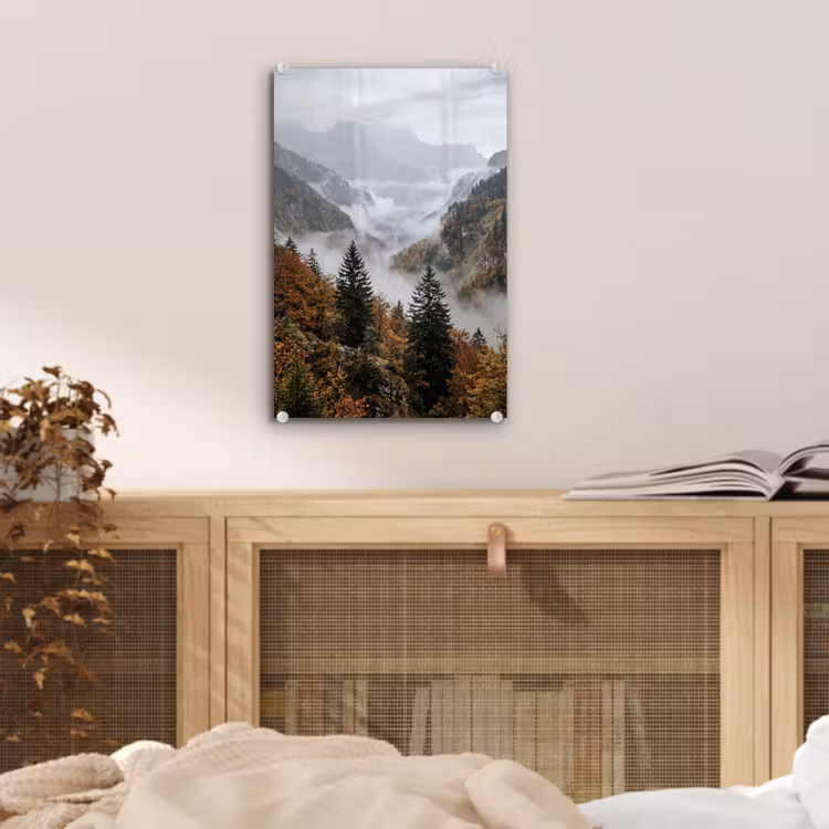 Glas schilderij - Bergen - Vallei - Mist - Herfst - Natuur — 5