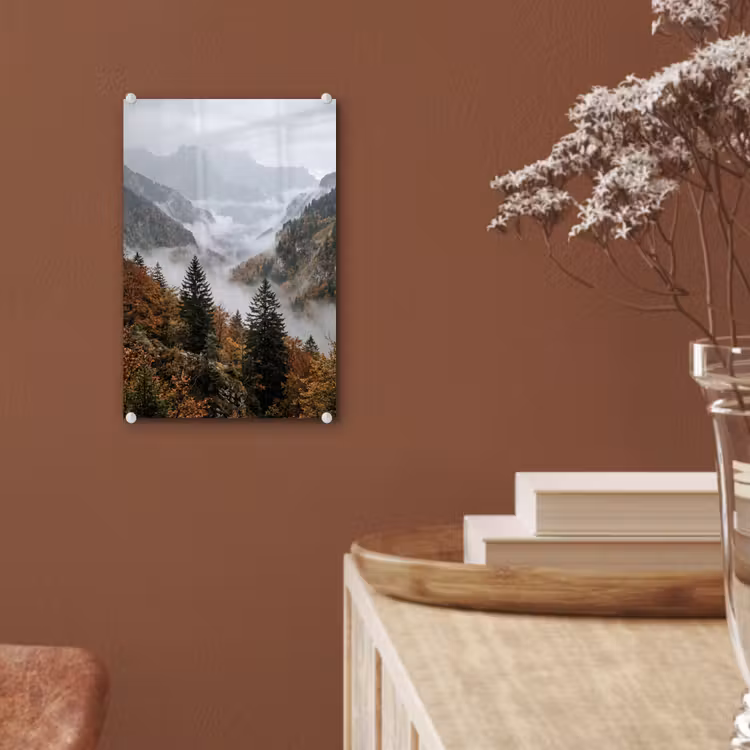 Glas schilderij - Bergen - Vallei - Mist - Herfst - Natuur — 6