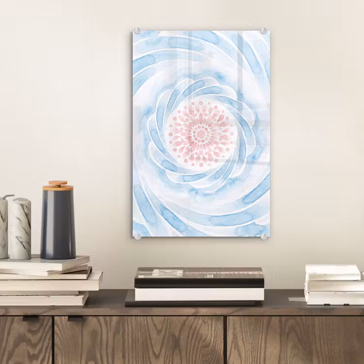 Glas schilderij - Abstract - Bloemvorm - Aquarel - Roze - Blauw — 2