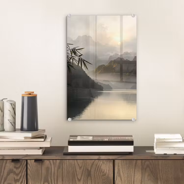Glas schilderij - Bergen - Water - Mist - Natuur - Landschap — 2
