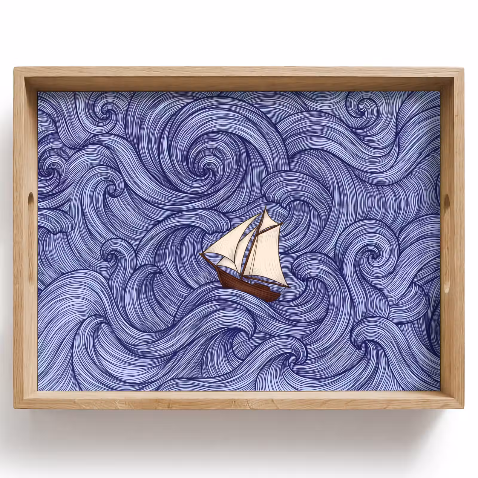 Dienblad - Schip - Golven - Zee - Illustratie - Blauw — 1