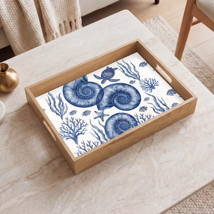 Dienblad - Schelp - Spiraal - Zeeleven - Aquarel - Blauw — 2
