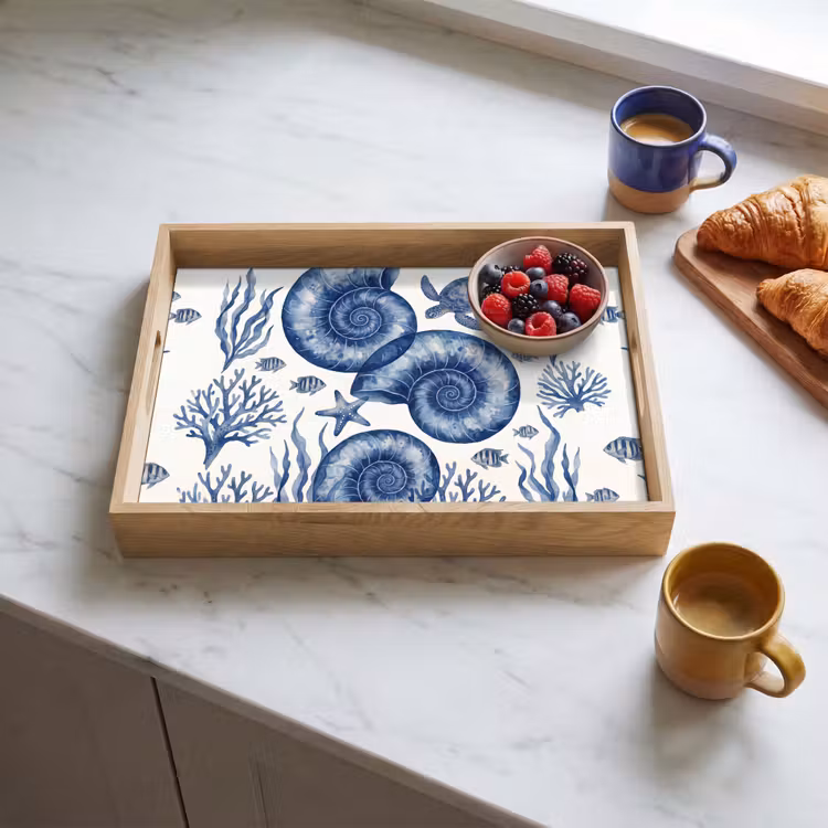 Dienblad - Schelp - Spiraal - Zeeleven - Aquarel - Blauw — 4