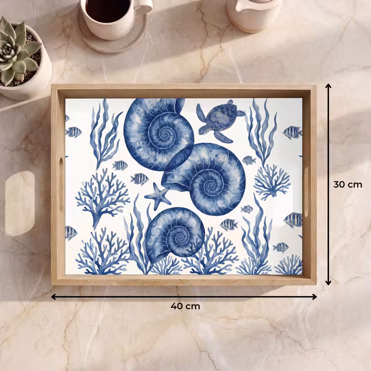 Dienblad - Schelp - Spiraal - Zeeleven - Aquarel - Blauw — 9