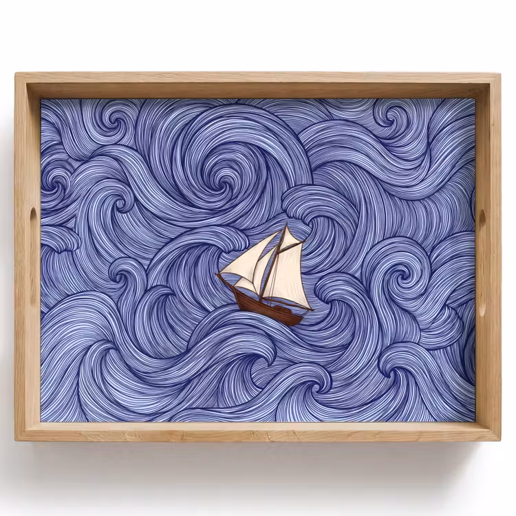Dienblad - Schip - Golven - Zee - Illustratie - Blauw — 1