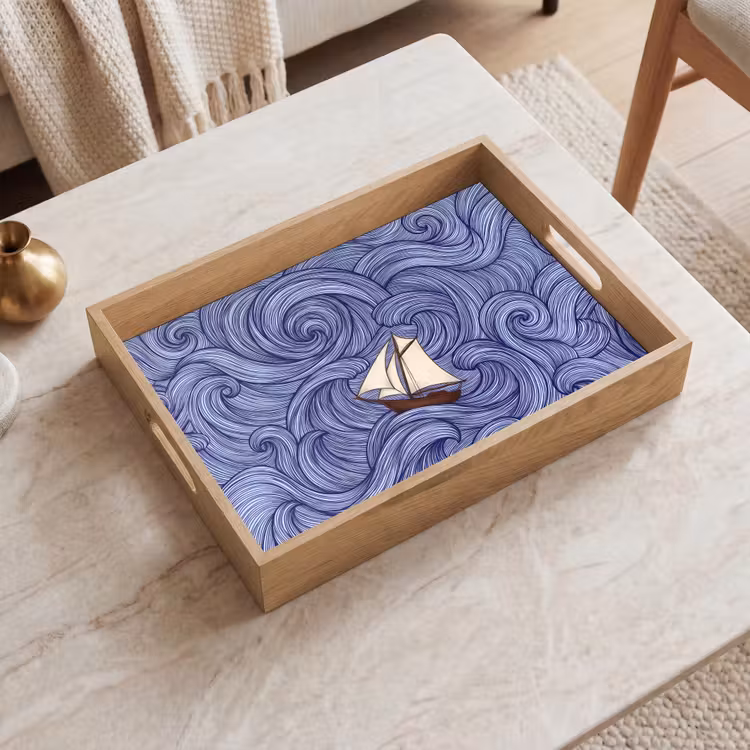 Dienblad - Schip - Golven - Zee - Illustratie - Blauw — 2